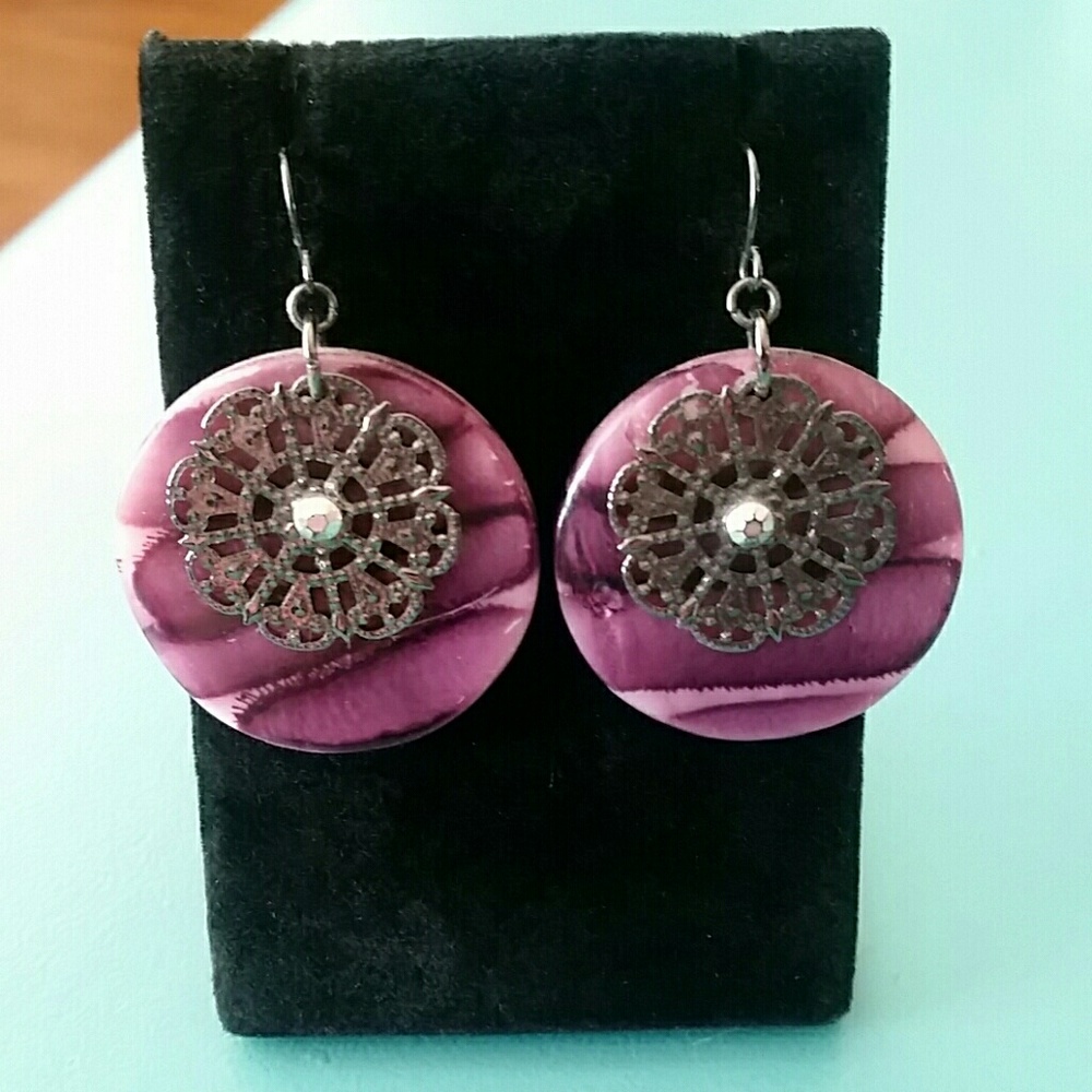Dark Purple Marbled Earrings w/ Silver Accents